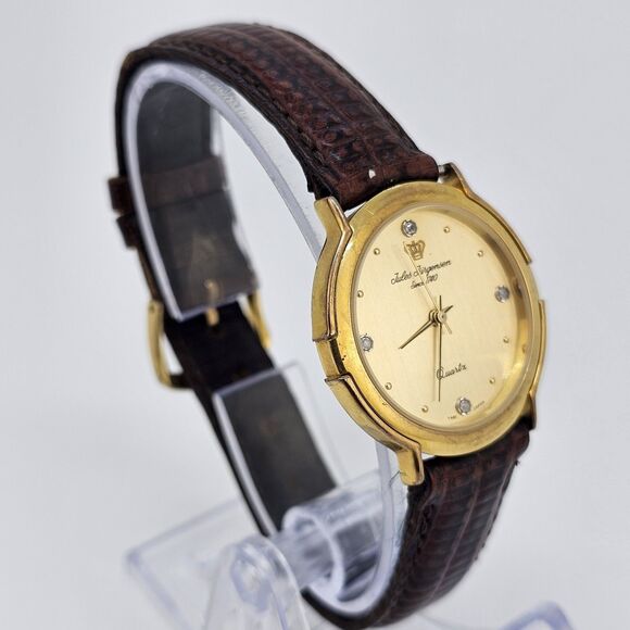 Jules Jurgensen Women's Watch 32MM Gold Dial Brown Leather Bands New Battery - Picture 3 of 11